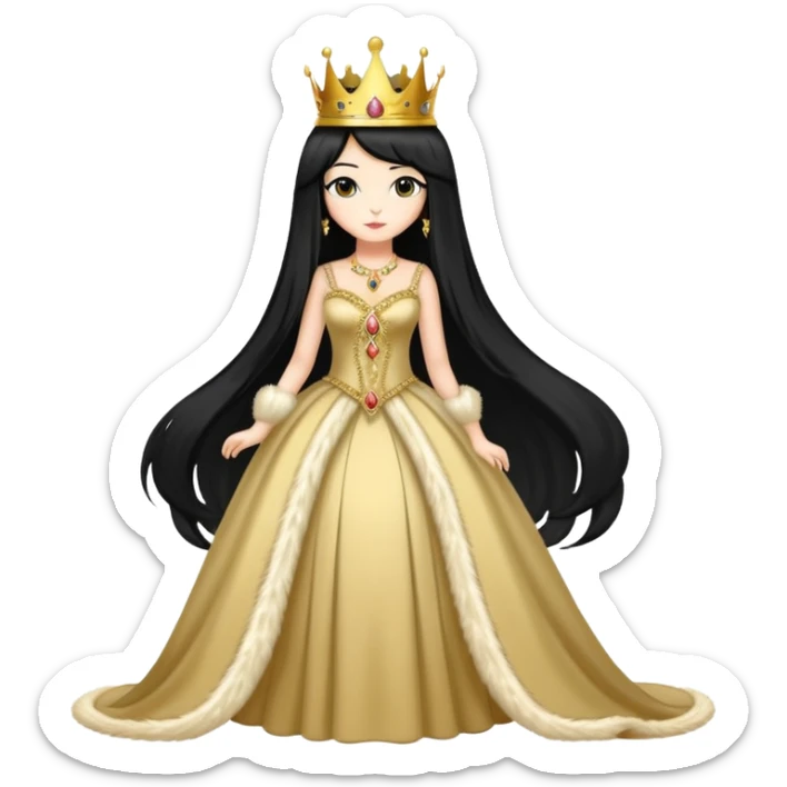 regal cat wearing a crown and elegant dress, long black wig sticker