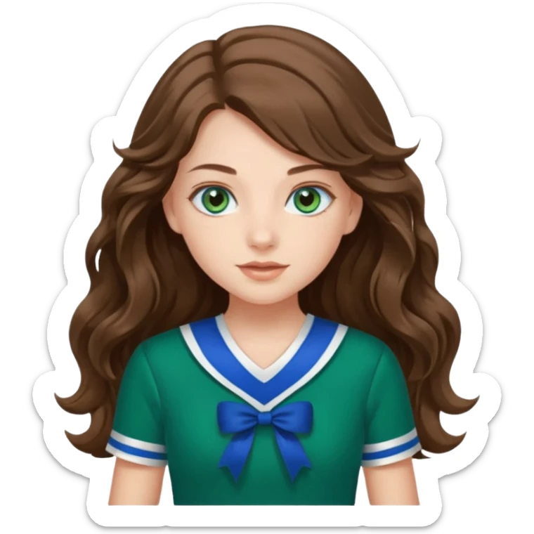 A pretty girl has blue eyes, her hair is brown long wavy hair, and wear green Hawkins cheerleader uniform sticker
