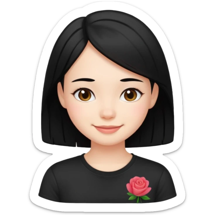 a pretty bratz fair girl with straight black hair, wearing a black tshirt, smiling sticker