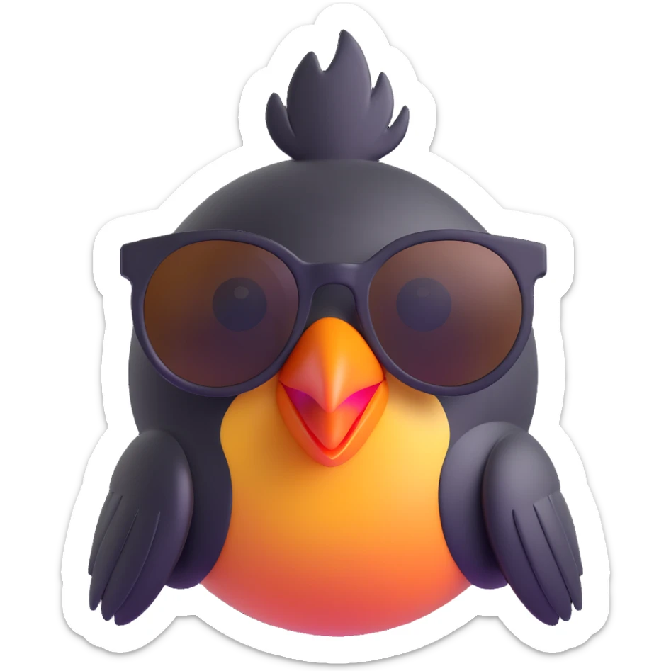 Make the bird emoji more emoji-like with a smooth, shiny 3D look, vibrant colors, and an expressive face. Keep the same pose, orange beak, and round sunglasses. No background. Style should match modern emoji aesthetics. sticker