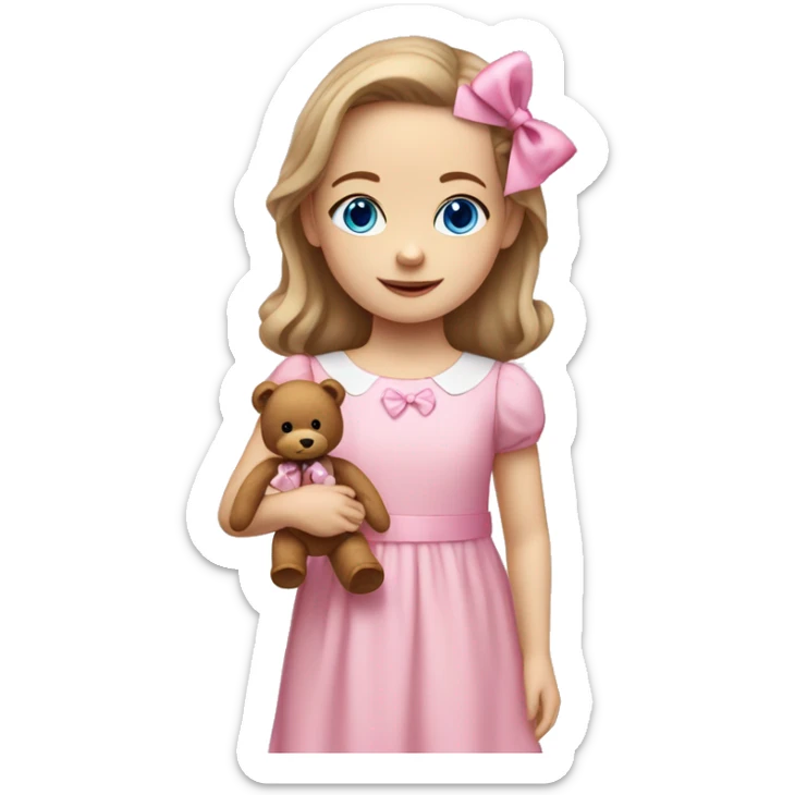 Little Girl with White skin, blue eyes. Light brown hair with pink bows in it.  She is wearing a pink and White dress, standing and holding on to a teddybear with a pink bows. sticker
