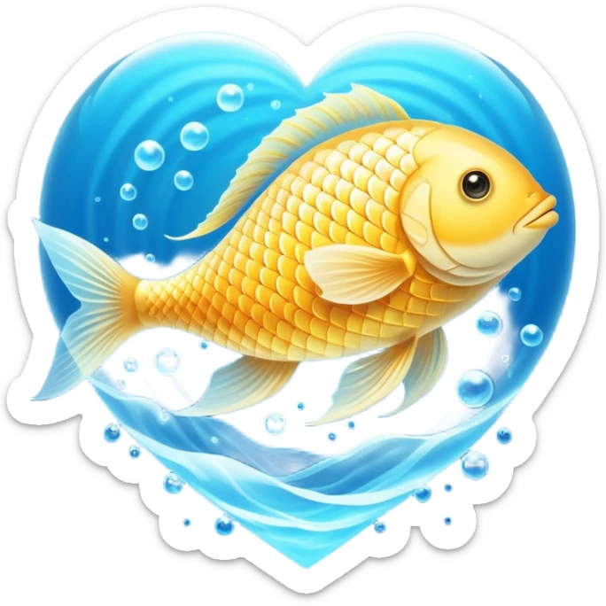 Ethereal golden fish in the shape of an omega symbol, radiating gentle waves of energy that flow toward a glowing brain and heart. The fish appears translucent and luminous, with scales that shimmer with healing properties, all suspended in a dreamy blue atmosphere. sticker