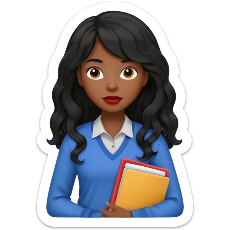A young woman with long black hair, a wavy frange falling on half of her head. There's a long wavy stretch of hair falling on the side of her head. She's black, medium to dark skinned with thick lips. She's holding folders, and she's a CEO, but she's wearing casual clothes. sticker