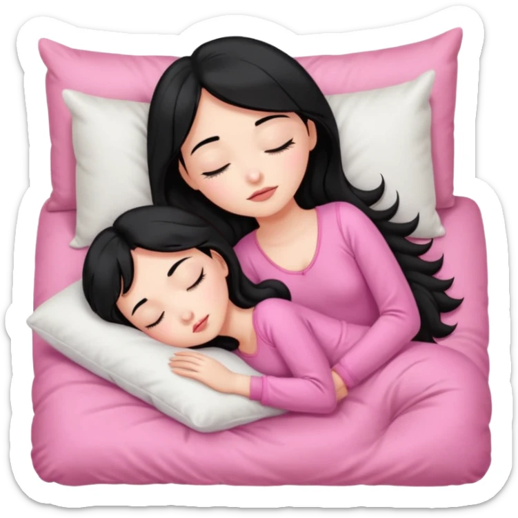 Sleeping on the pillow in bed, beauty hot and pretty Pale girl with medium high black hair wearing sexy pink sleepwears sticker