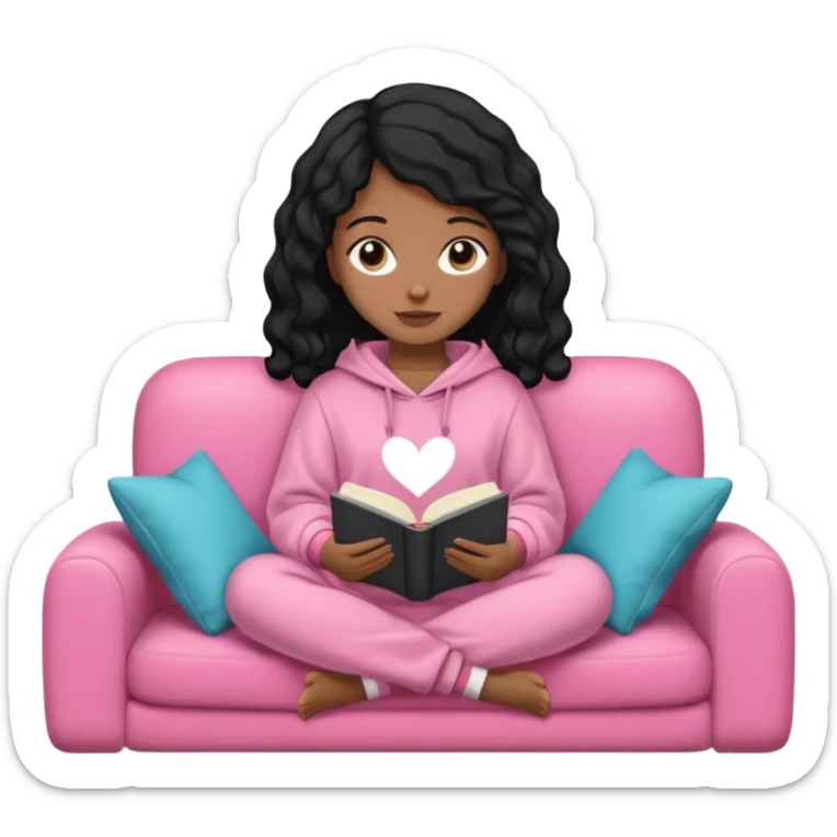 Una chica linda de cabello negro con ondas hasta los hombros de piel blanca con una sudadera rosa en un sofá cómodo y hermoso leyendo la biblia sticker