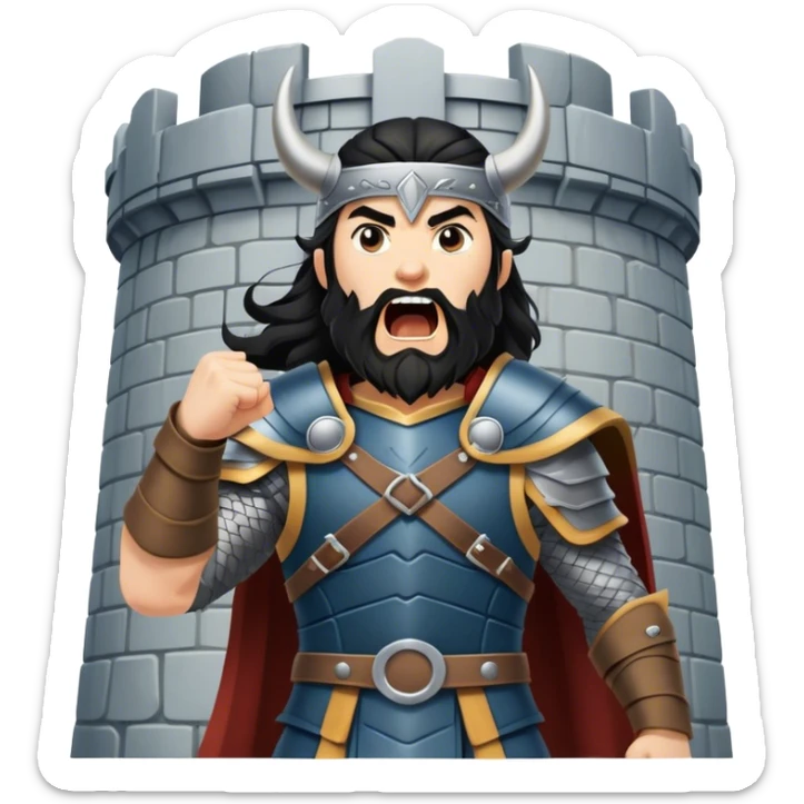 vikingo con armadura de Asgard, pelo negro ondulado, de pie, grito de guerra en torre de Asgard. sticker