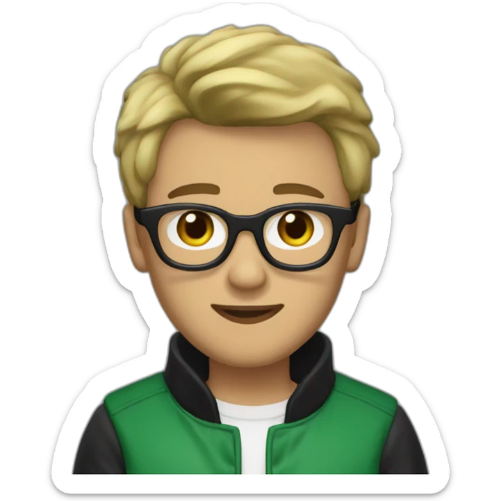 guy with black glasses dirtyblonde short hair with green letterman jacket and brown sleeves sticker