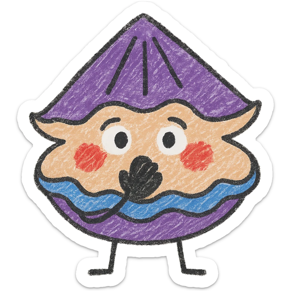 Cute oyster with an embarrassed expression, hand in front of mouth, red cheeks, in children doodle style, transparent background. sticker