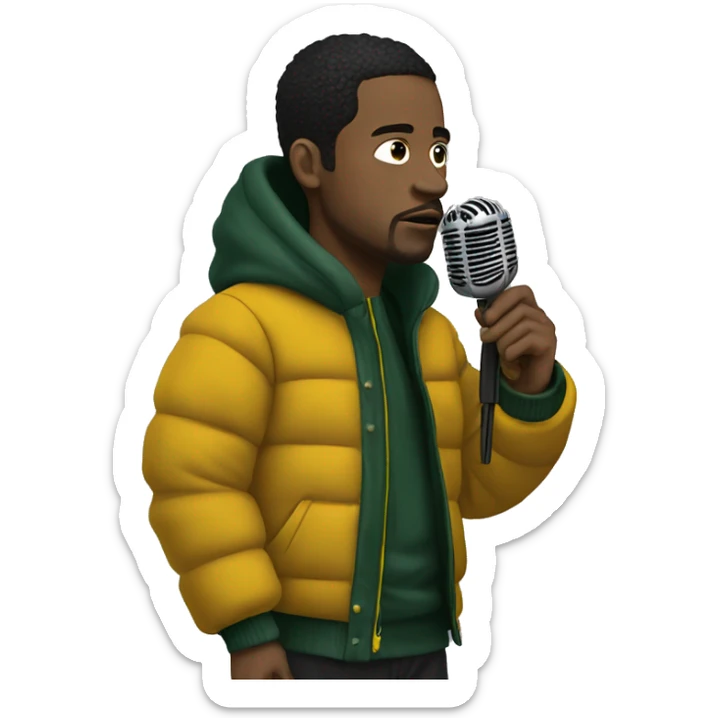Side profile of a hip hop artist, holding a mic down in one hand. He's wearing a dark green puffy jacket with a mustard yellow collar. sticker