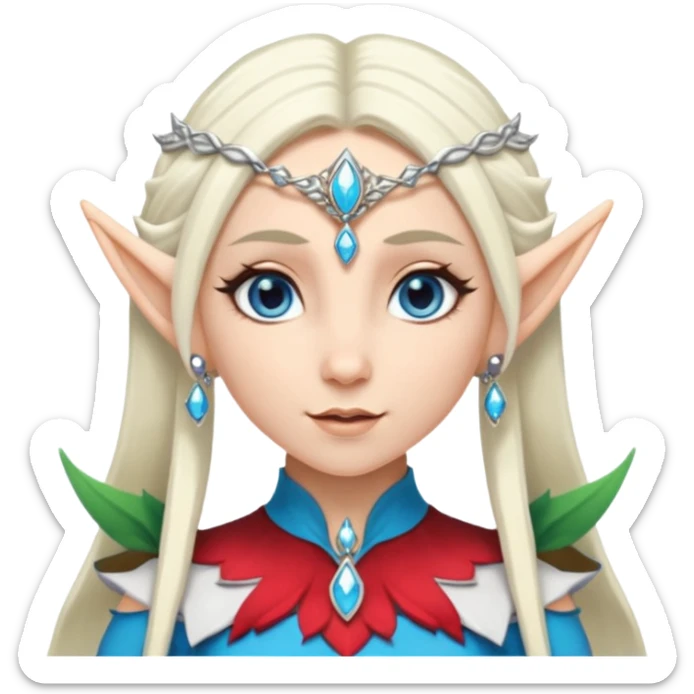 elf princess with pointy ears, white skin, silverblond hair with jewellery, blue eyes sticker