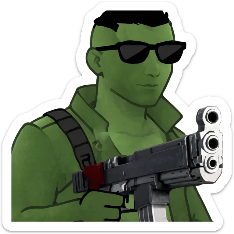 A guy in a red sweatshirt with sunglasses, with stylish black hair, holding a machine gun, and behind his back you can see the inscription: PRED sticker