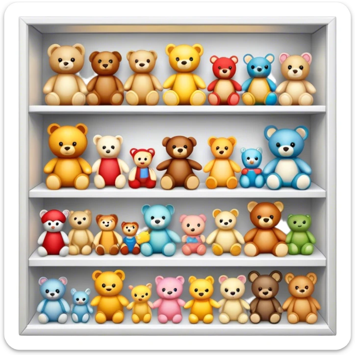 Icon for Toy Collecting: a collection of various vintage toys such as dolls, action figures, and plush animals, displayed neatly on shelves or in display cases. The icon should evoke the joy and nostalgia of collecting toys. Transparent background. sticker