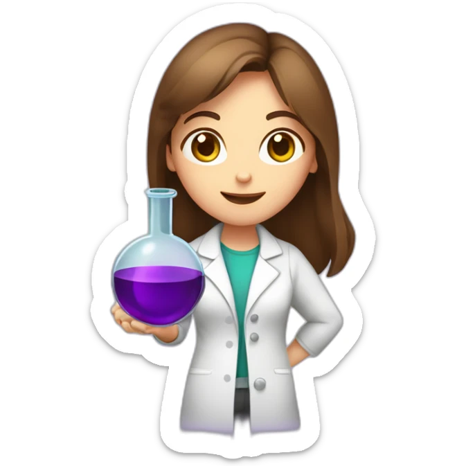 Cute Chemist Lab girl long brown hair chemistry analysis experiment holding purple flask sticker