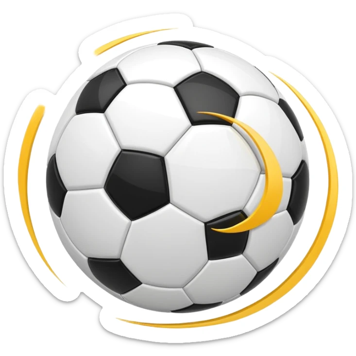 Apple-style emoji of a soccer ball with curve effect, flying with curved wind trails showing spin, glossy 3D look, clean minimal design, soft lighting, transparent background. sticker