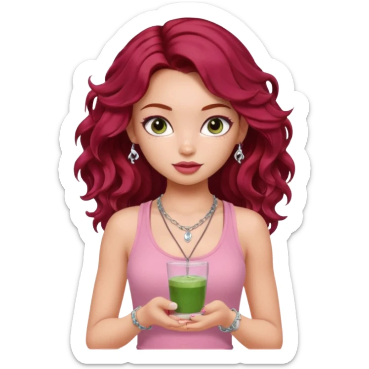 a pretty fair bratz girl with wavy dark red hair, wearing a pink tank top . silver dainty layered necklaces, carrying a matcha sticker