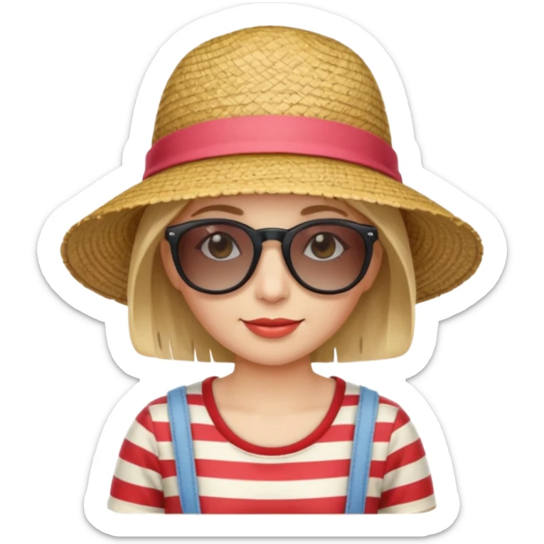 woman with striped clothing sun glasses and straw hat sticker