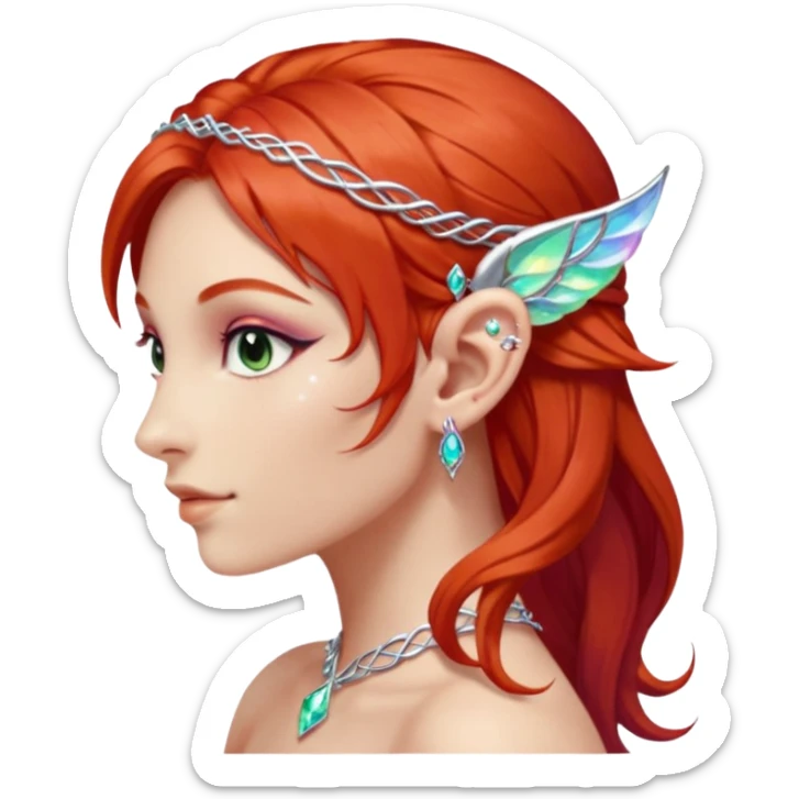 portrait of red haired Elvish fae shiny sparkly iridescent translucent diaphanous ear climber ear cuff sticker
