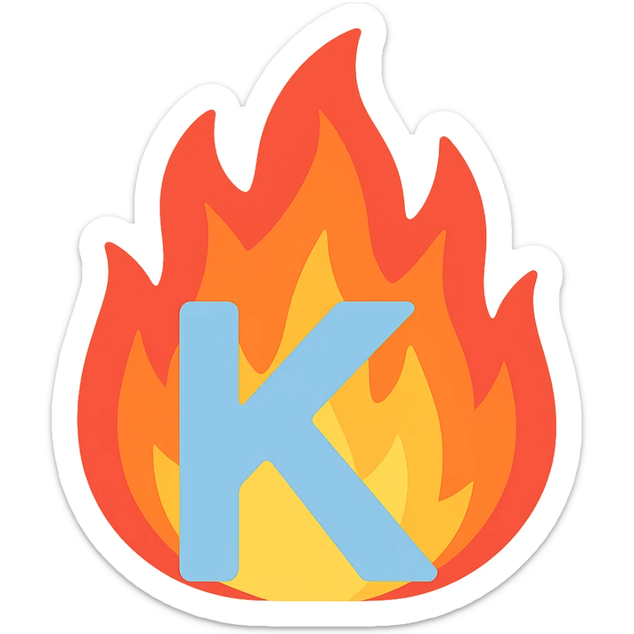 full color letter 'K' with intense animated-looking flames conveying a sense of exasperation sticker