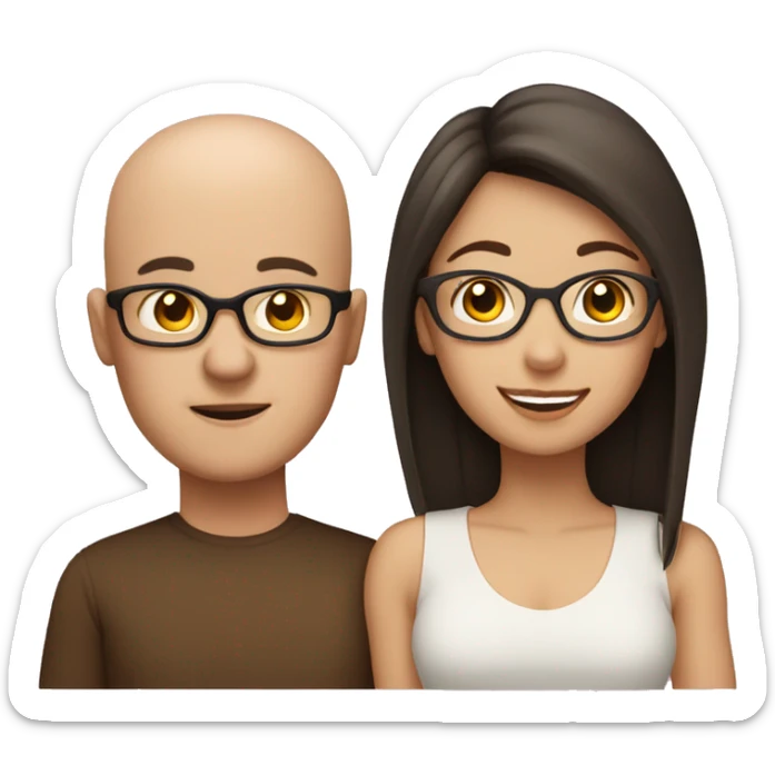 family of four, mom with glasses, dad bald little hair, two girls dark hair, brown hair sticker