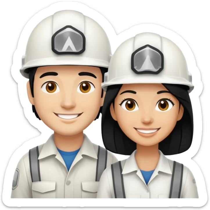 Woman and man builders with black hair and white helmets sticker