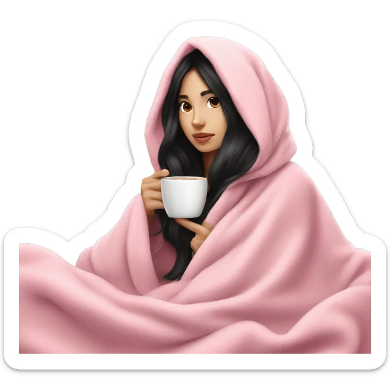 white black hair pretty girl in a pink blanket sippingk coffee wait girl  sticker