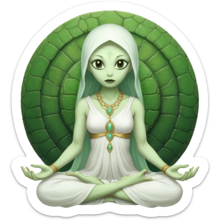 a Reptilian alien woman,in meditation, white dress like a priestess sticker