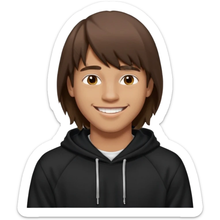 20 yr old man, brown hair, straight, big smile, white teeth, tanned skin, bangs, black hooded sweatshirt, long hair in back, center-parted bangs, big lips sticker