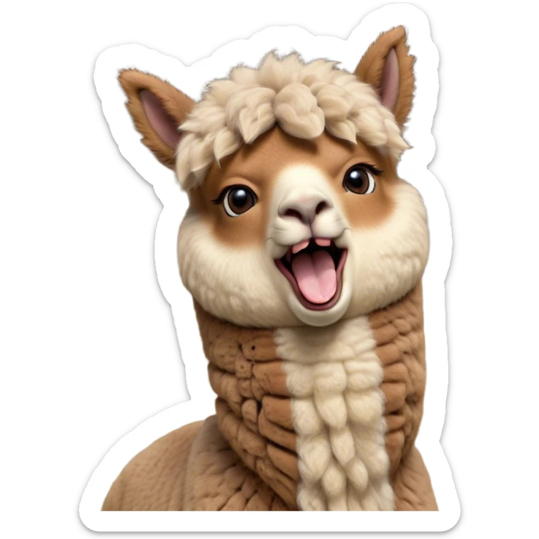Cinematic Cute Yawning Brown Alpaca Portrait Emoji, Head tilted slightly with a dramatic, wide-open yawn, showcasing a soft, plush brown fleece with gently drooping ears, round warm eyes barely open in drowsy contentment, Simplified yet irresistibly adorable features, highly detailed, glowing with a soft, cozy glow, high shine, relaxed yet expressive, stylized with a touch of whimsy, bright and endearing, soft glowing outline, capturing the essence of a sleepy yet affectionate alpaca, so drowsy it feels like it could stretch out of the screen and curl up for a nap! sticker