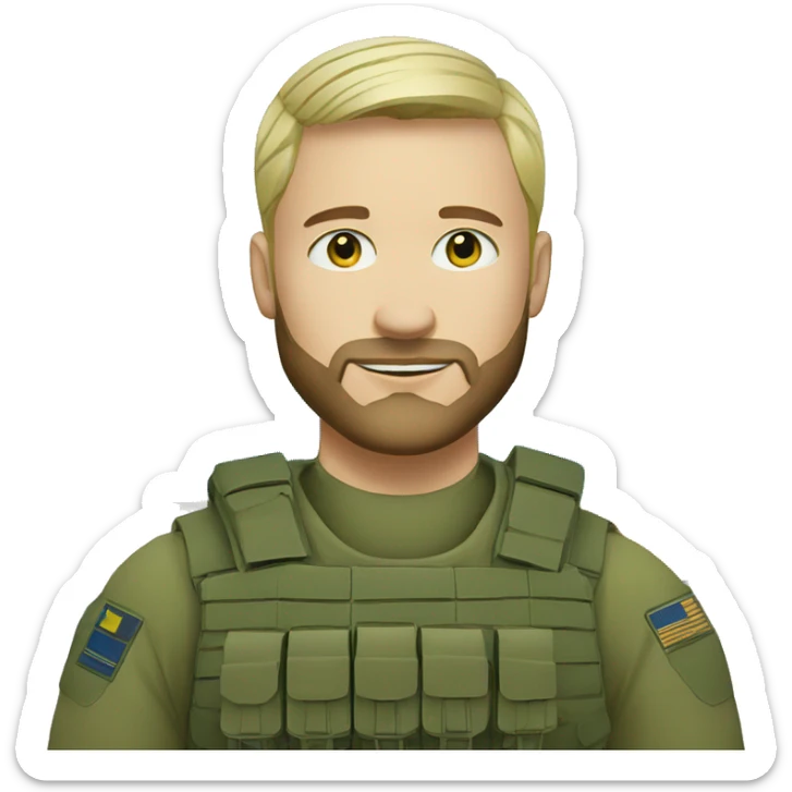 ukrainian military blonde man with a beard with green eyes with blue paint on the face  sticker