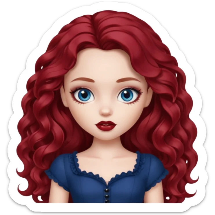 pale skin, girly bratz baddie, beautiful dark blue eyes, pretty makeup, long dark red wavy hair sticker