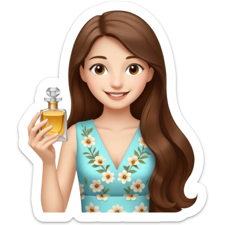 half body pretty long hair girl holding 1 parfume with smile sticker