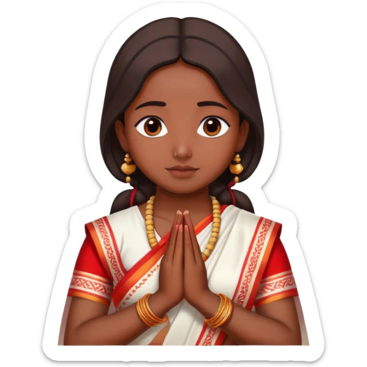 Bengali girl wearing traditional red and white saree with hands joined in prayer position sticker