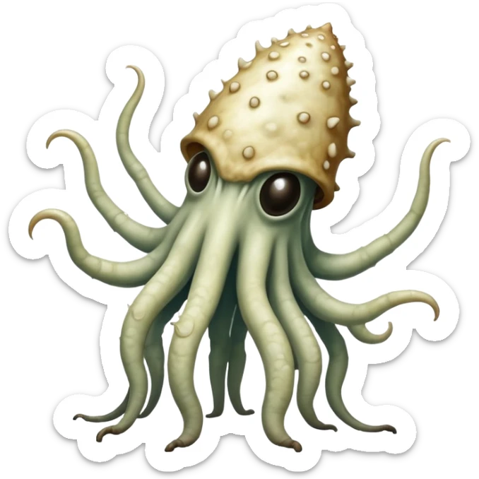 A bipedal monstrosity with skin like cracked porcelain revealing pulsating fungal masses underneath, its elongated fingers terminating in bloated spore sacs that burst to release mind-altering parasitic spores when it senses fear.


 sticker