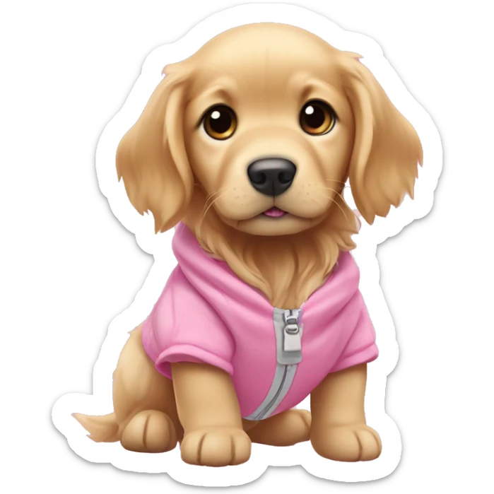 Golden retriever small  puppy wearing Coquette pink-ish dog clothing sticker
