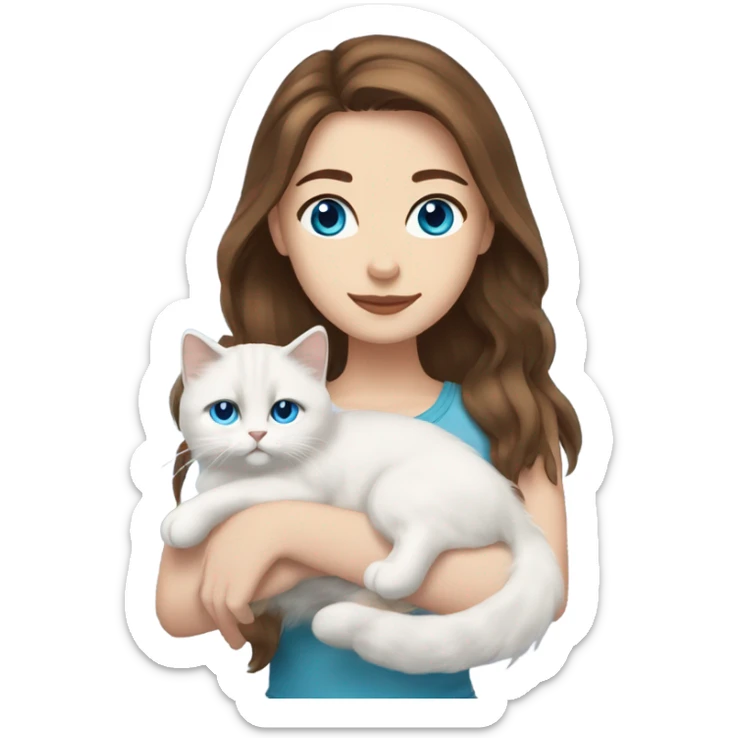woman with brown hair and holding a all white Siberian cat with blue eyes sticker