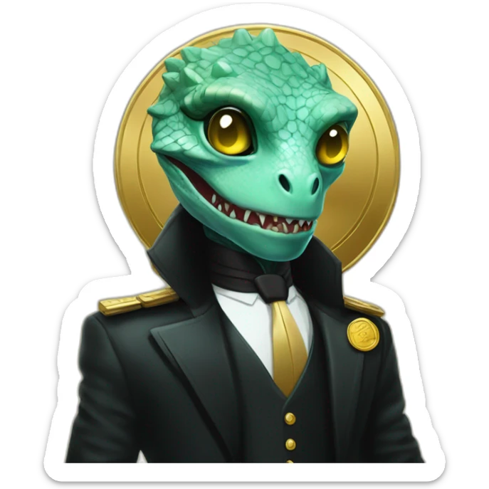 Aquamarine reptilian in black suite with laser eyes on the golden coin in background sticker