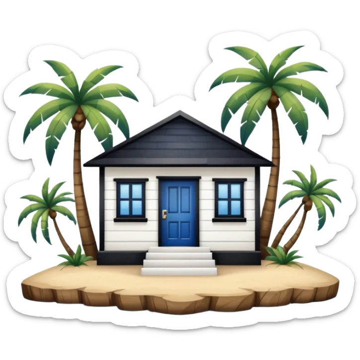 A square white and blue stripe house horizontally with wooden door on a island with palm trees sticker