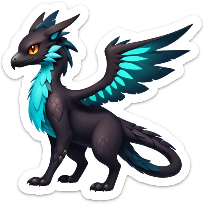 Black Dark Exotic Tropical Beaked Feathery Nocturnal Neon-glowing Abyssal Nightly Abyss-Cat-Gryphon-Noivern-Salandit-Silvally-Fakémon Creature (full body) sticker