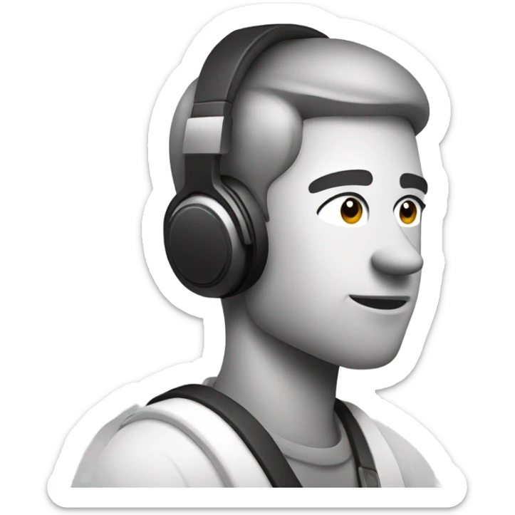 "Black and white minimalist emoji of a vlogger with a camera, wearing headphones, in a side profile pose, capturing a scene. Clean lines and simple design." sticker