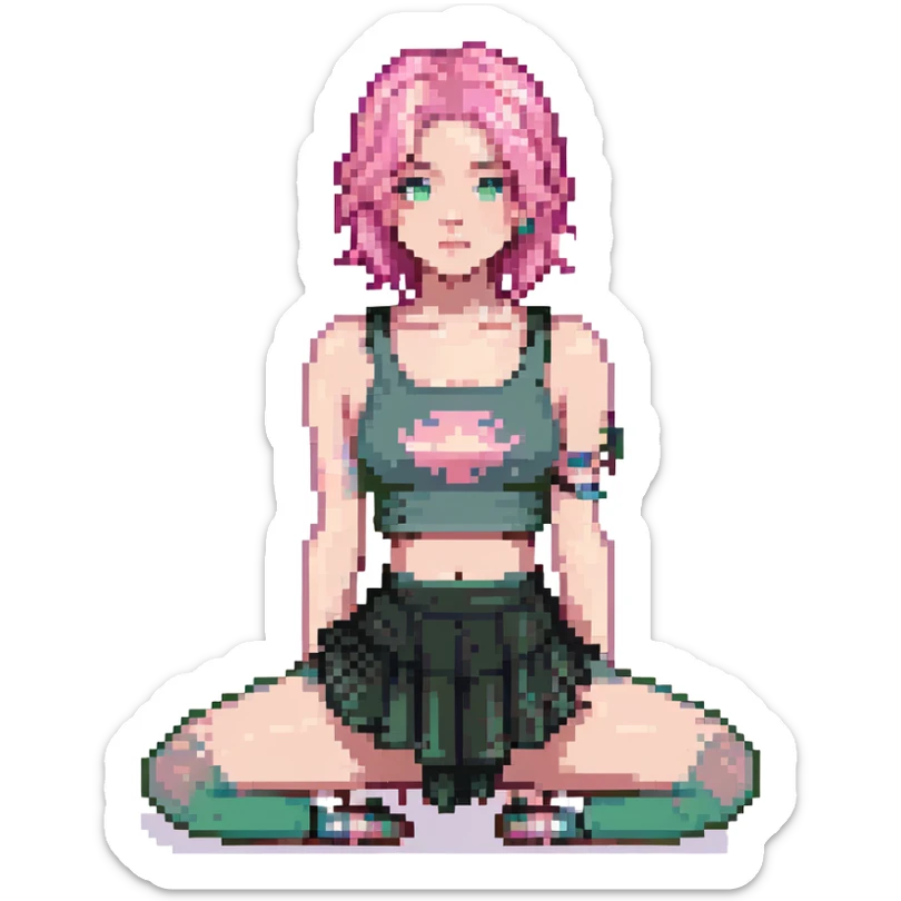 A girl with pink hair, wearing a skirt, sitting sideways on her leg, wearing a crop top, dark theme sticker