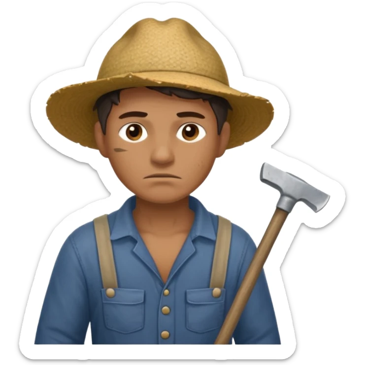 Emoji portrait of a male agricultural slave. He has a tired expression and wears rough clothes, holding a hoe over his shoulder. sticker