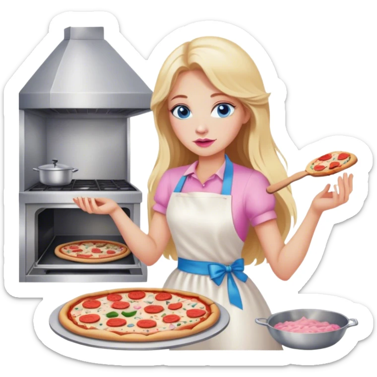 Cinematic realistic beautiful blonde with long hair, blue eyes and pink lips in a white dress cooks pizza sticker