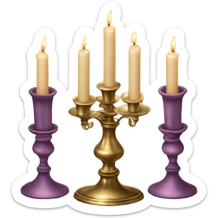 brass vintage candlestick for three candles with big candles and velvet ribbon tied in a bow sticker