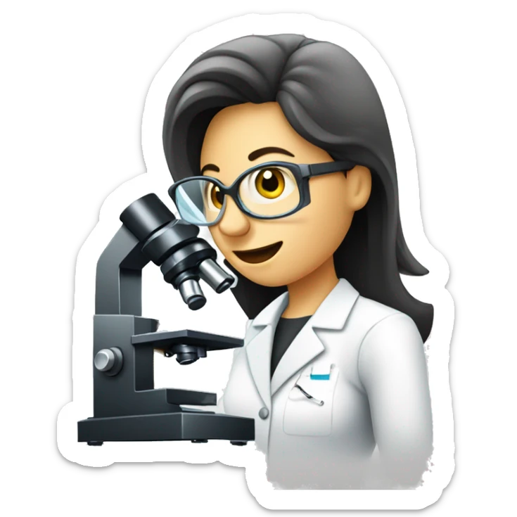 a woman with lab coat looking in an optical microscope sticker