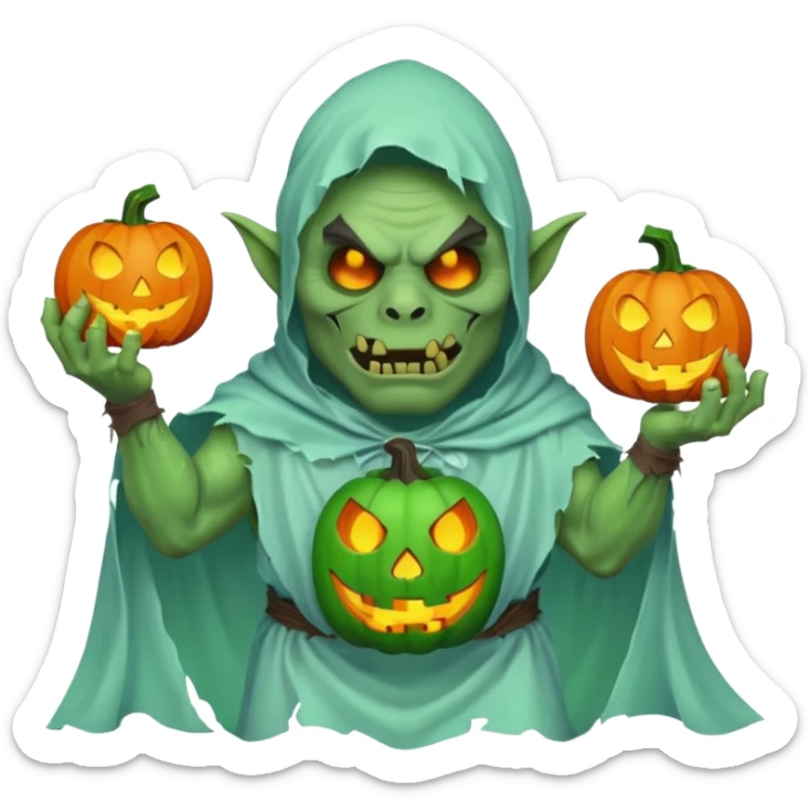 male orc ghost emoji, green skin, tusks, wearing torn white ghost sheet costume, holding glowing jack-o'-lantern, faint blue aura, friendly but spooky expression, Halloween fantasy theme, Apple emoji style, clean white background, square sticker