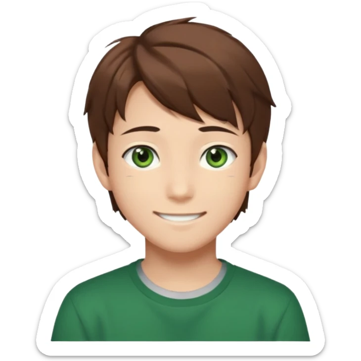 the face of an Anime asian style teen boy with brown hair, green eyes, looking smiling slightly sideways positioned. Face must be main filling of the frame.  128px sticker