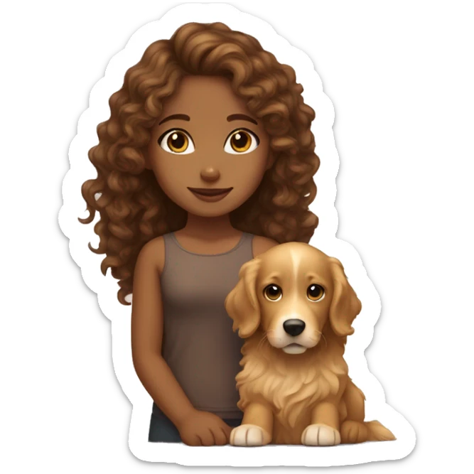 Tan skinned girl with  long brown curly hair with a golden retriever puppy sticker