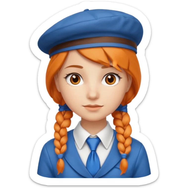 orange braided hair girl, wearing white shirt, Blue Necktie, and a brown berret Hat sticker