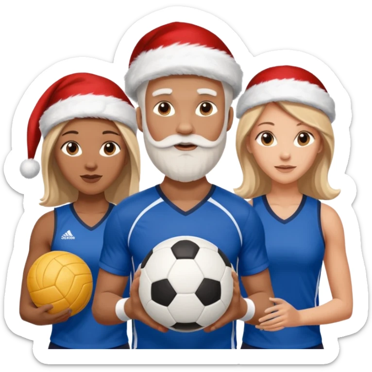 3 atletas, um homem no meio e duas mulheres com cores de pele diferentes, usando elementos esportivos, bola de futebol e bola de vôlei. Coloque um chapéu de papai noel das cores verde e com roupas azul e branco sticker