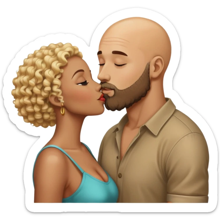 bald head man with beard kissing African woman with curly blonde hair sticker